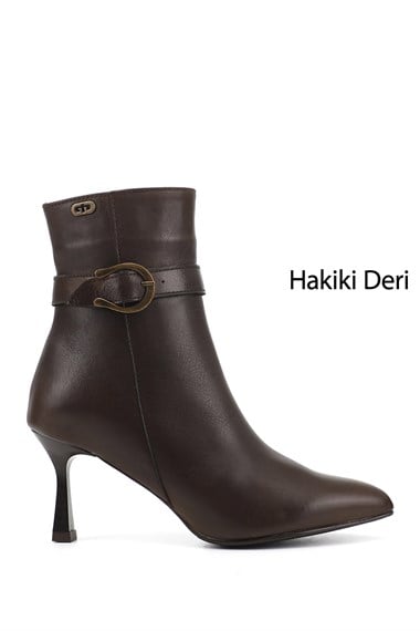Kadın Kahverengi Fermuarlı Sivri Burun Hakiki Deri Bot