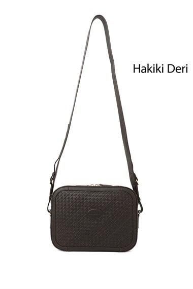 Kadın Kahverengi Hakiki Deri Hasır Örgü Uzun Askılı Omuz Çantası