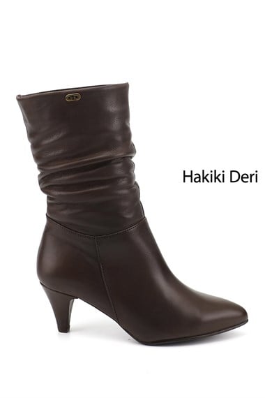 Kadın Kahverengi İnce Topuklu Körüklü Hakiki Deri Çizme