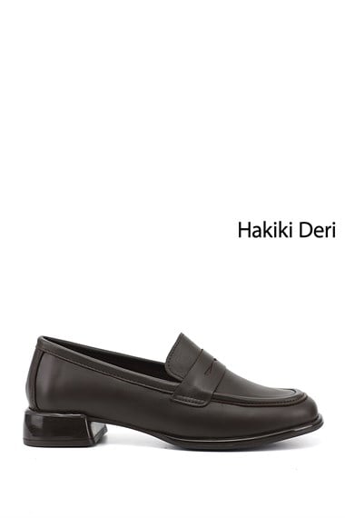 Kadın Kahverengi Kalın Topuklu Hakiki Deri Loafer Ayakkabı