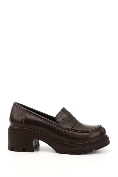 Womens Brown Chunky Heeled Loafer Shoes