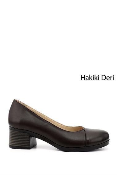 Kadın Kahverengi Kısa Kalın Topuklu Hakiki Deri Ayakkabı