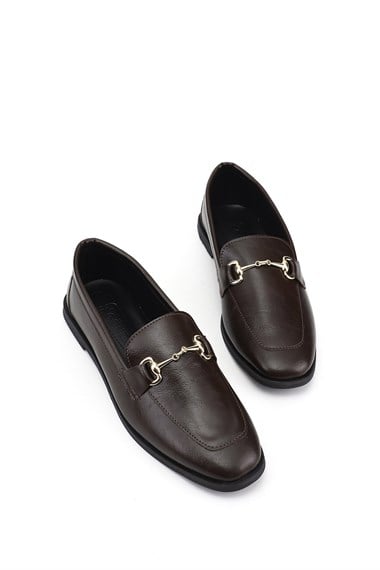Womens Brown Flat Toe Buckle Ballerina