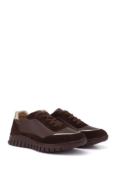 Womens Brown Elastic Lace-up Genuine Leather Sneaker