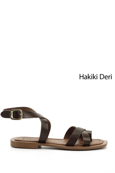 Kadın Kahverengi Parmak Arası Bilek Bağlı Hakiki Deri Sandalet