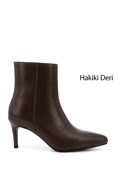 Kadın Kahverengi Platinum Fermuarlı İnce Topuklu Hakiki Deri Bot