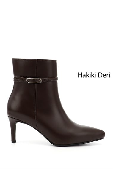 Kadın Kahverengi Platinum Fermuarlı İnce Topuklu Hakiki Deri Bot