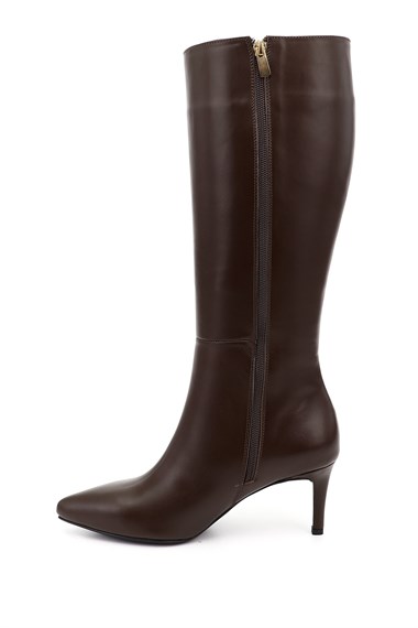 Womens Brown Platinum Zippered High-Heeled Genuine Leather Boots