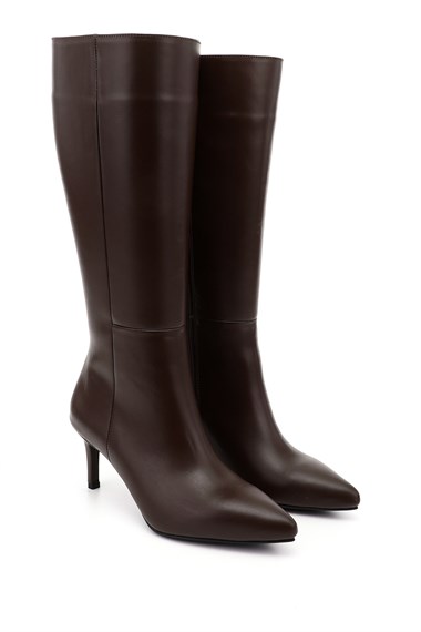 Womens Brown Platinum Zippered High-Heeled Genuine Leather Boots
