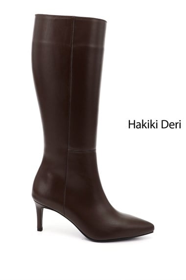 Womens Brown Platinum Zippered High-Heeled Genuine Leather Boots