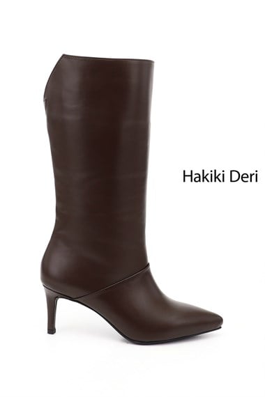 Womens Brown Platinum Zippered High-Heeled Genuine Leather Boots