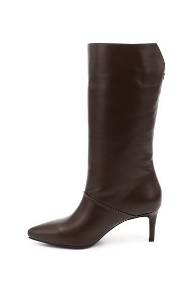 Womens Brown Platinum Zippered High-Heeled Genuine Leather Boots