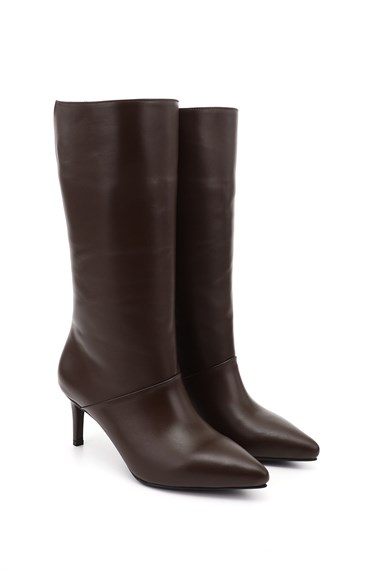 Womens Brown Platinum Zippered High-Heeled Genuine Leather Boots