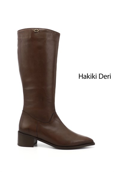 Kadın Kahverengi Sivri Burun Kalın Topuklu Hakiki Deri Çizme