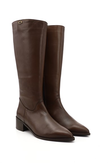 Womens Brown Genuine Leather Heeled Zip-Up Boots
