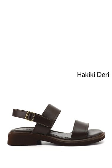 Kadın Kahverengi Tokalı Bantlı Hakiki Deri Sandalet