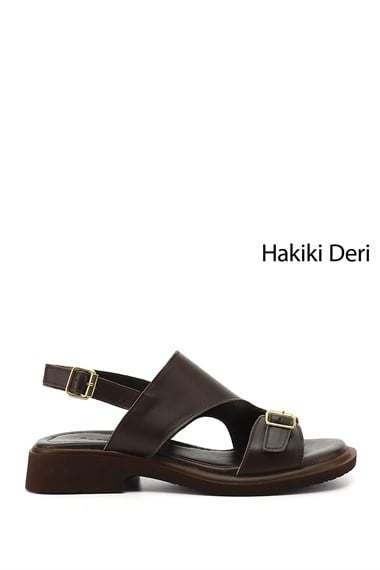 Kadın Kahverengi Tokalı Bantlı Hakiki Deri Sandalet