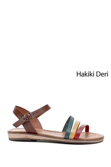 Kadın Kahveye Kırmızı Sarı Hakiki Deri Sandalet