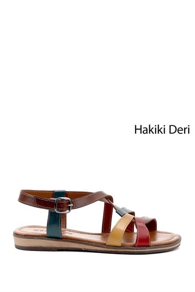 Kadın Kahveye Kırmızı Sarı Hakiki Deri Sandalet