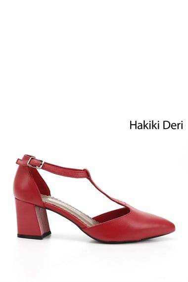Kadın Kırmızı Antik Bilekten Bağlı Orta Topuklu Hakiki Deri Ayakkabı