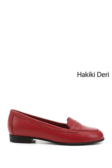 Kadın Kırmızı Antik Hakiki Deri Babet