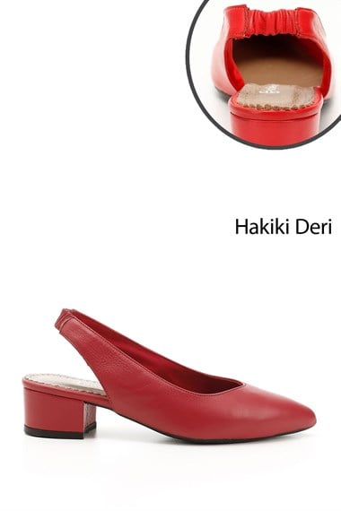 Kadın Kırmızı Antik Kalın Topuklu Arkası Açık Hakiki Deri Ayakkabı