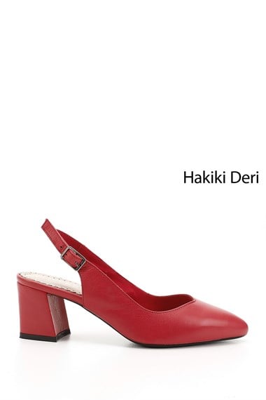 Kadın Kırmızı Antik Kalın Topuklu Arkası Açık Hakiki Deri Ayakkabı