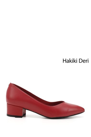 Kadın Kırmızı Antik Kısa Kalın Topuklu Hakiki Deri Ayakkabı