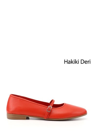 Kadın Kırmızı Antik Mary Jane Hakiki Deri Babet