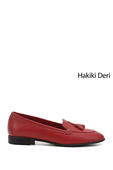 Kadın Kırmızı Antik Püsküllü Hakiki Deri Babet