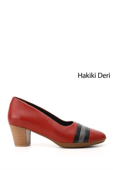 Kadın Kırmızı Kalın Topuklu Hakiki Deri Ayakkabı