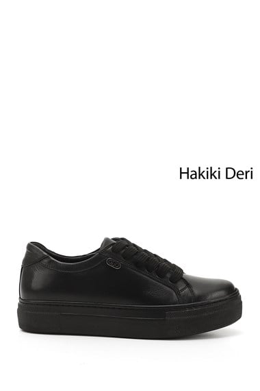 Kadın Kömür Bağcıklı Dolgu Taban Hakiki Deri Sneaker