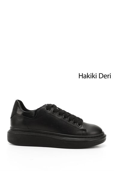 Kadın Kömür Bağcıklı Dolgu Taban Hakiki Deri Sneaker