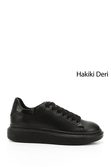 Kadın Kömür Bağcıklı Dolgu Taban Hakiki Deri Sneaker