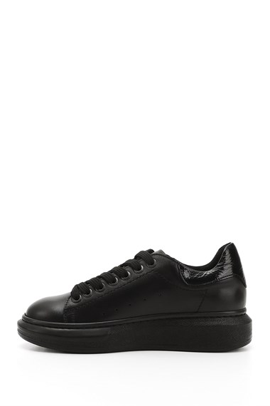 Kadın Kömür Bağcıklı Dolgu Taban Hakiki Deri Sneaker