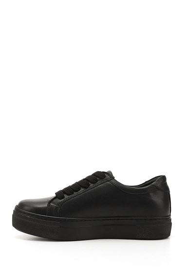 Kadın Kömür Bağcıklı Dolgu Taban Hakiki Deri Sneaker