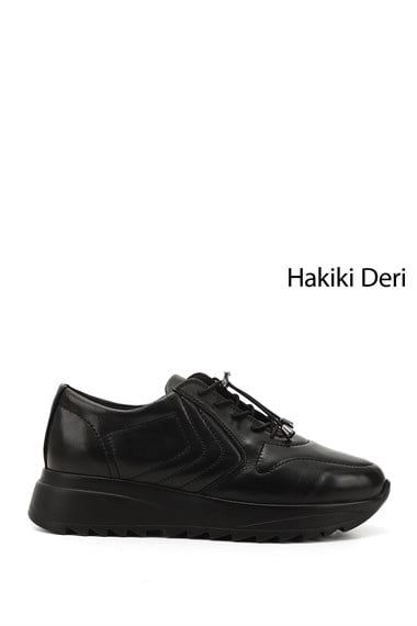 Kadın Kömür Bağcıklı Dolgu Taban Hakiki Deri Sneaker