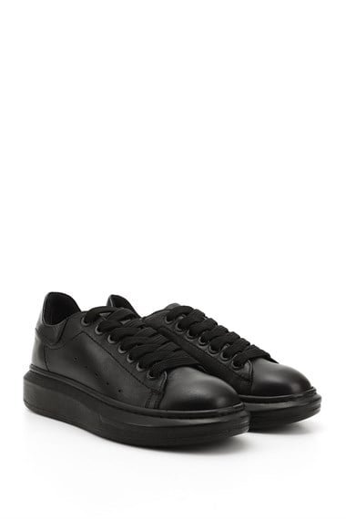 Kadın Kömür Bağcıklı Dolgu Taban Hakiki Deri Sneaker