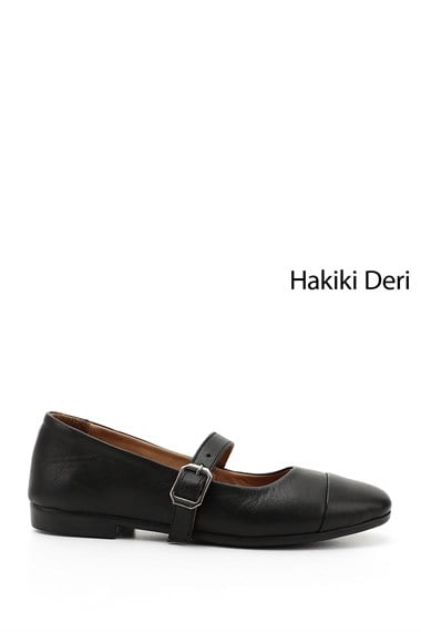 Kadın Kömür Baskılı Mary Jane Hakiki Deri Babet