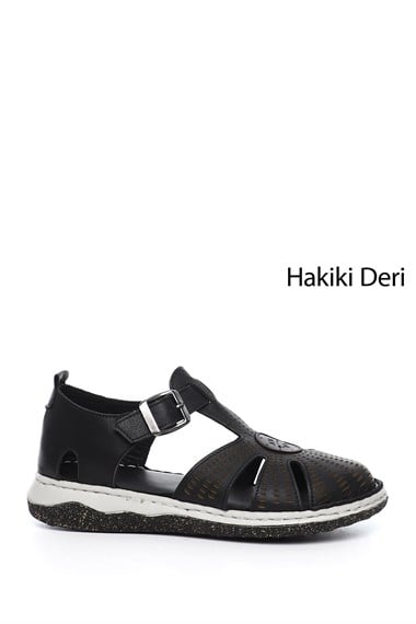 Kadın Kömür Dolgu Topuk Hakiki Deri Sandalet