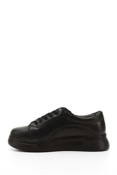 Kadın Kömür Lastik Bağcıklı Comfort Dolgu Taban Hakiki Deri Sneaker