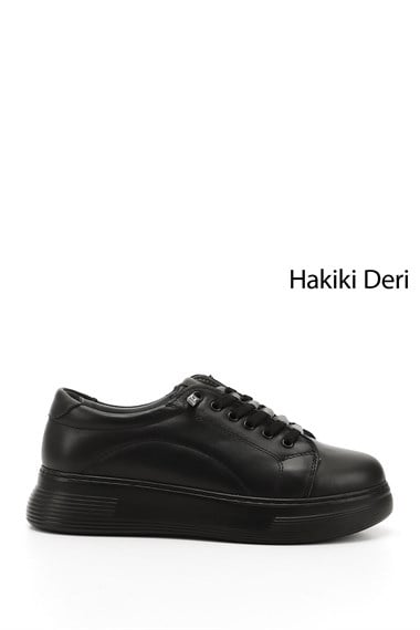 Kadın Kömür Lastik Bağcıklı Comfort Dolgu Taban Hakiki Deri Sneaker