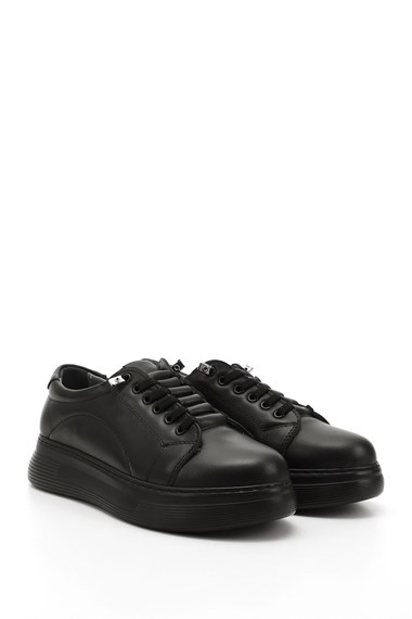 Kadın Kömür Lastik Bağcıklı Comfort Dolgu Taban Hakiki Deri Sneaker