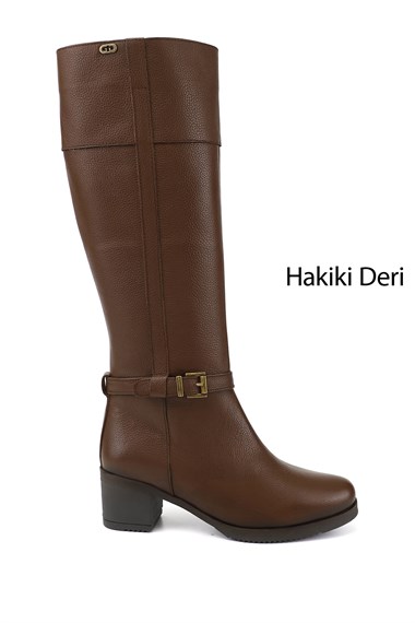 Kadın Koyu Kahve Floter Fermuarlı Kalın Topuklu Hakiki Deri Çizme