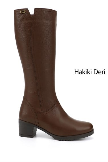 Kadın Koyu Kahve Floter Fermuarlı Kalın Topuklu Hakiki Deri Çizme