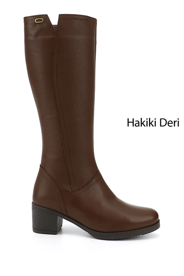 Kadın Koyu Kahve Floter Fermuarlı Kalın Topuklu Hakiki Deri Çizme