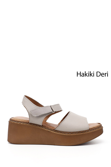 Kadın Krem Dolgu Taban Hakiki Deri Sandalet