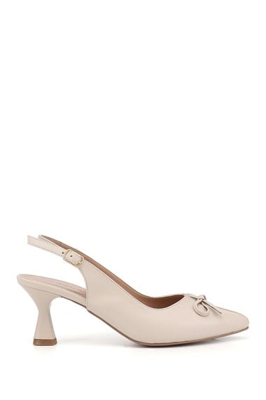 Womens Cream Pointed Toe Goblet Heel Bow Slingback Shoes