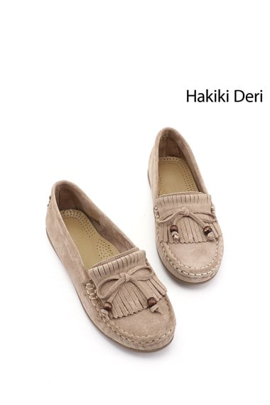 Kadın Kum Süet Tokalı Rok Hakiki Deri Comfort Loafer