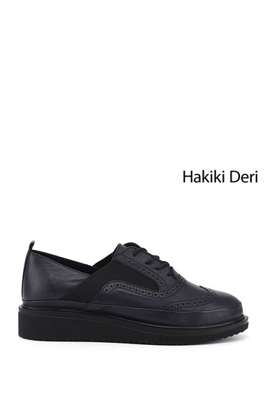 Kadın Lacivert Antik Bağcıklı Dolgu Taban Hakiki Deri Ayakkabı